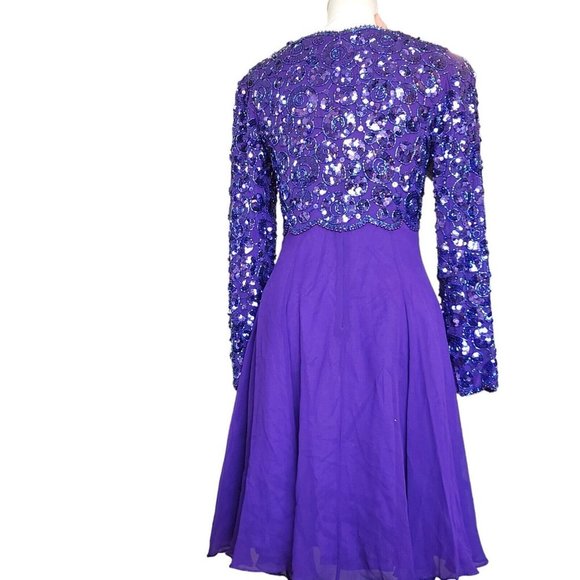 Vintage 80s Purple Silk Beaded Cocktail Dress Longsleeve - Picture 7 of 12